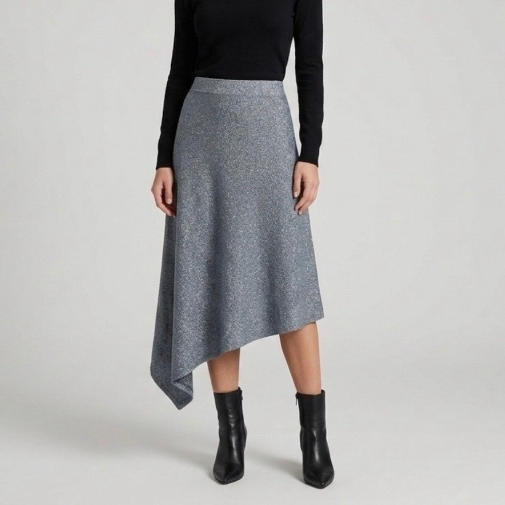 Hunter Bell Adrianna Metallic Blue Asymmetrical Knit Midi Skirt Size Large